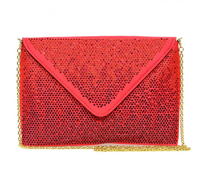 Evening Bag - Satin Envelope Clutch w/ Gradient Colored Rhinestones - Red -BG-EBP2043RD